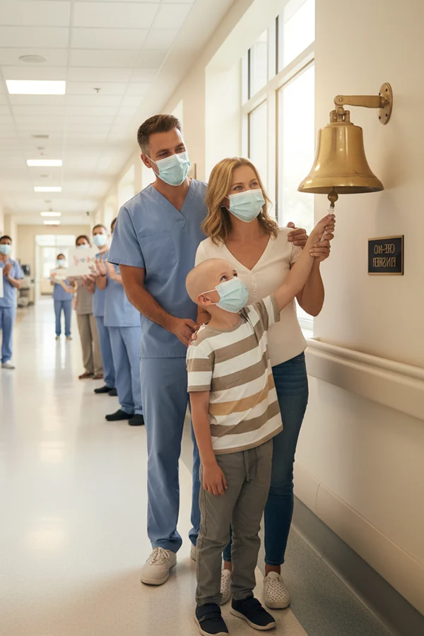 aspanicc niño tocando la campana en hospital despues-de quimioterapia